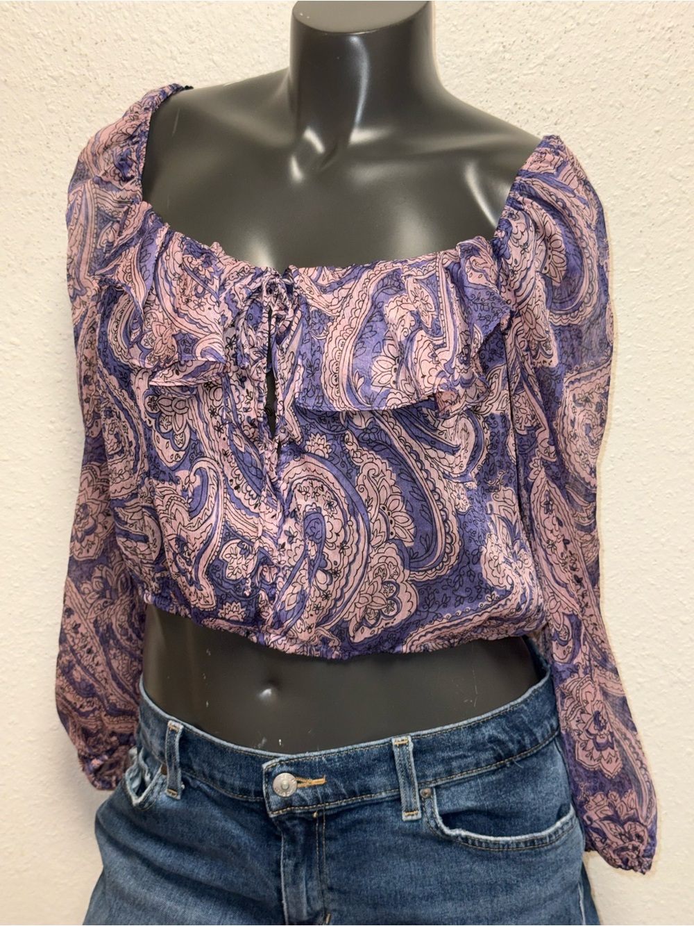 Zara Purple and Pink Paisley Off-Shoulder Crop Top